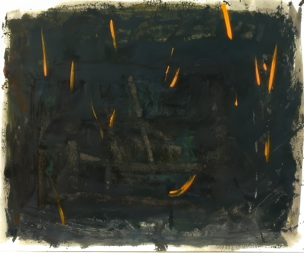 Black Gestural Ground with Orange Marks